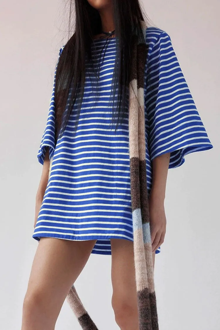 Breton Contrast Striped Print Boat Neck 3/4 Sleeve Summer Mini T Shirt Dress