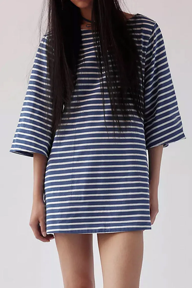 Breton Contrast Striped Print Boat Neck 3/4 Sleeve Summer Mini T Shirt Dress