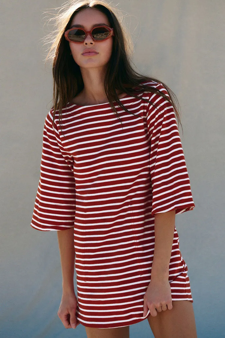 Breton Contrast Striped Print Boat Neck 3/4 Sleeve Summer Mini T Shirt Dress