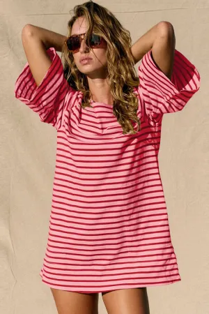 Breton Contrast Striped Print Boat Neck 3/4 Sleeve Summer Mini T Shirt Dress