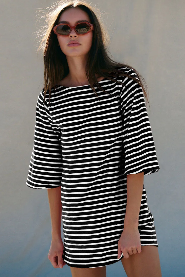 Breton Contrast Striped Print Boat Neck 3/4 Sleeve Summer Mini T Shirt Dress