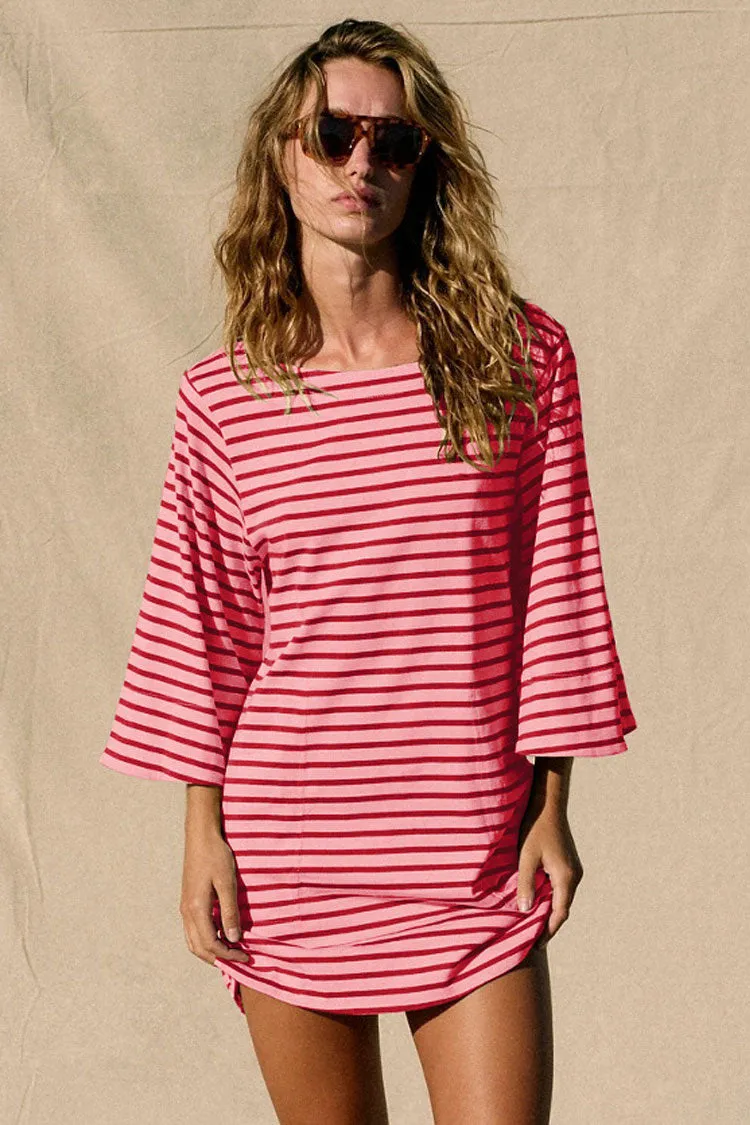 Breton Contrast Striped Print Boat Neck 3/4 Sleeve Summer Mini T Shirt Dress