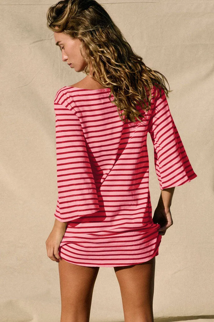 Breton Contrast Striped Print Boat Neck 3/4 Sleeve Summer Mini T Shirt Dress