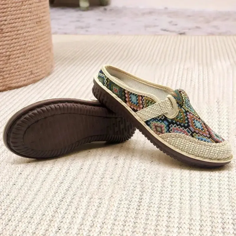 Ethnic Embroidered Linen Slippers
