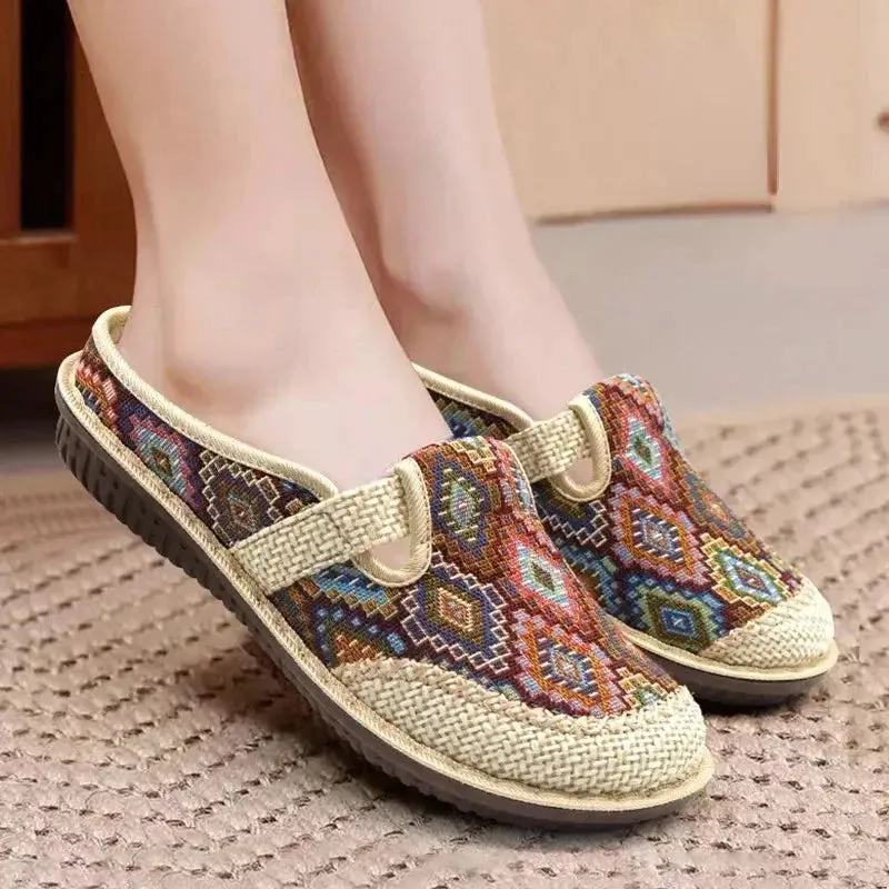 Ethnic Embroidered Linen Slippers