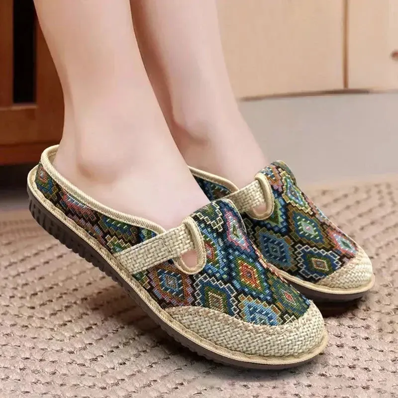 Ethnic Embroidered Linen Slippers