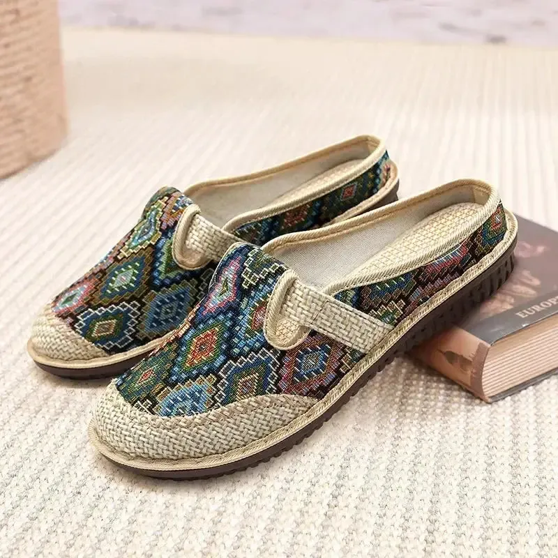 Ethnic Embroidered Linen Slippers