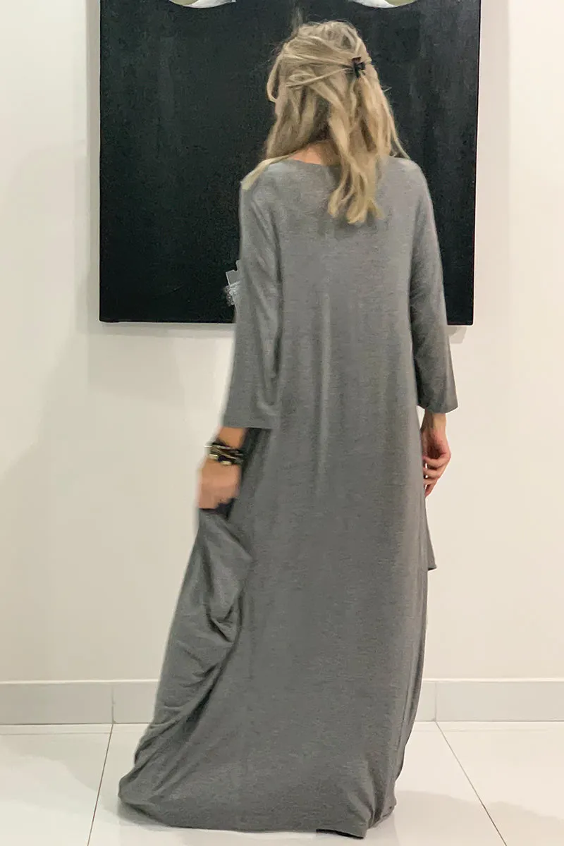 Evil Eye Long V-Neck Cotton Dress - Grey