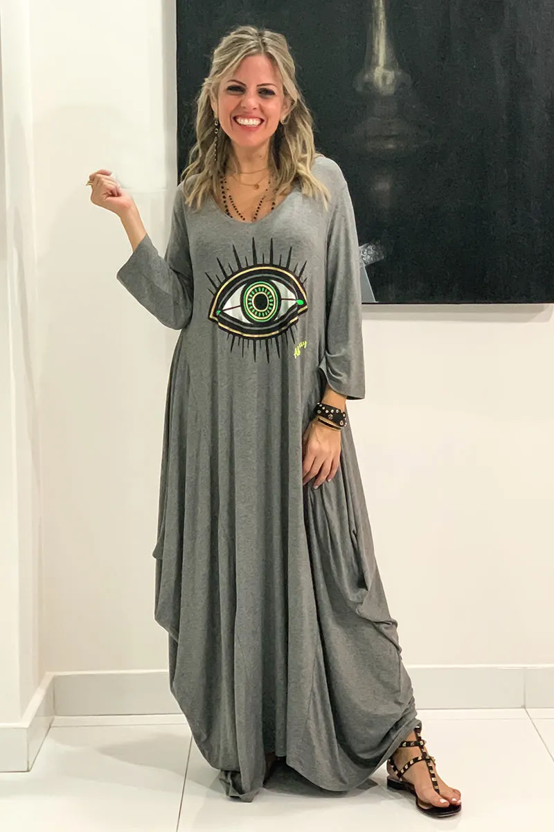 Evil Eye Long V-Neck Cotton Dress - Grey