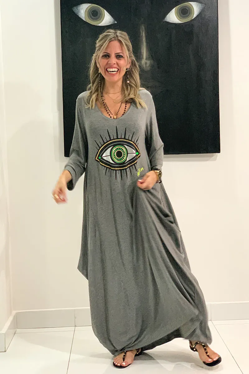Evil Eye Long V-Neck Cotton Dress - Grey