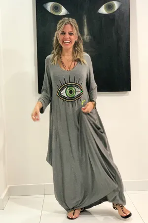 Evil Eye Long V-Neck Cotton Dress - Grey