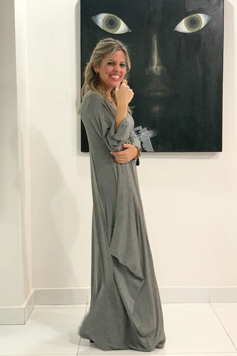 Evil Eye Long V-Neck Cotton Dress - Grey