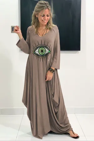 Evil Eye Long V-Neck Cotton Dress - Mocha
