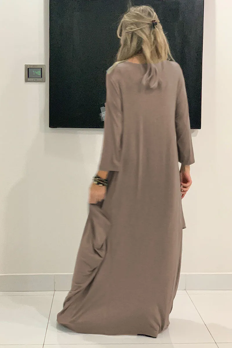 Evil Eye Long V-Neck Cotton Dress - Mocha