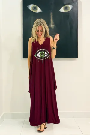 Evil Eye Sleeveless V Neck Cotton Maxi Dress - Maroon