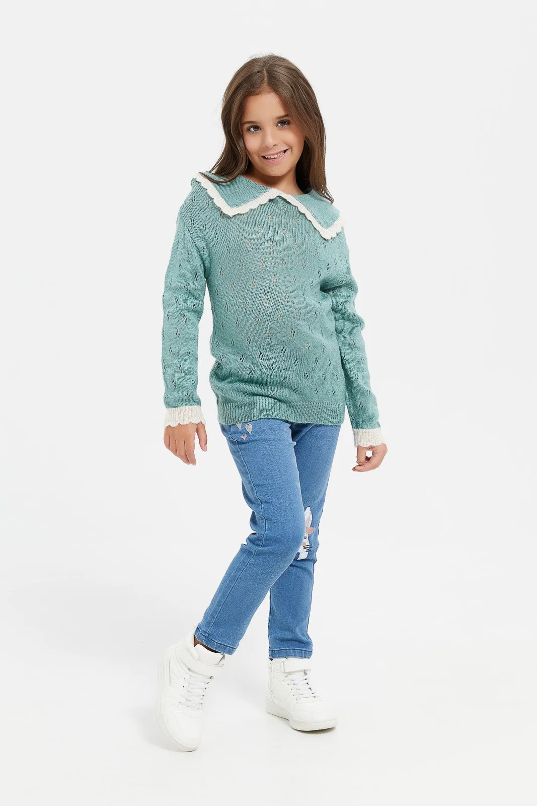 Girls Teal Jacquard Pullover
