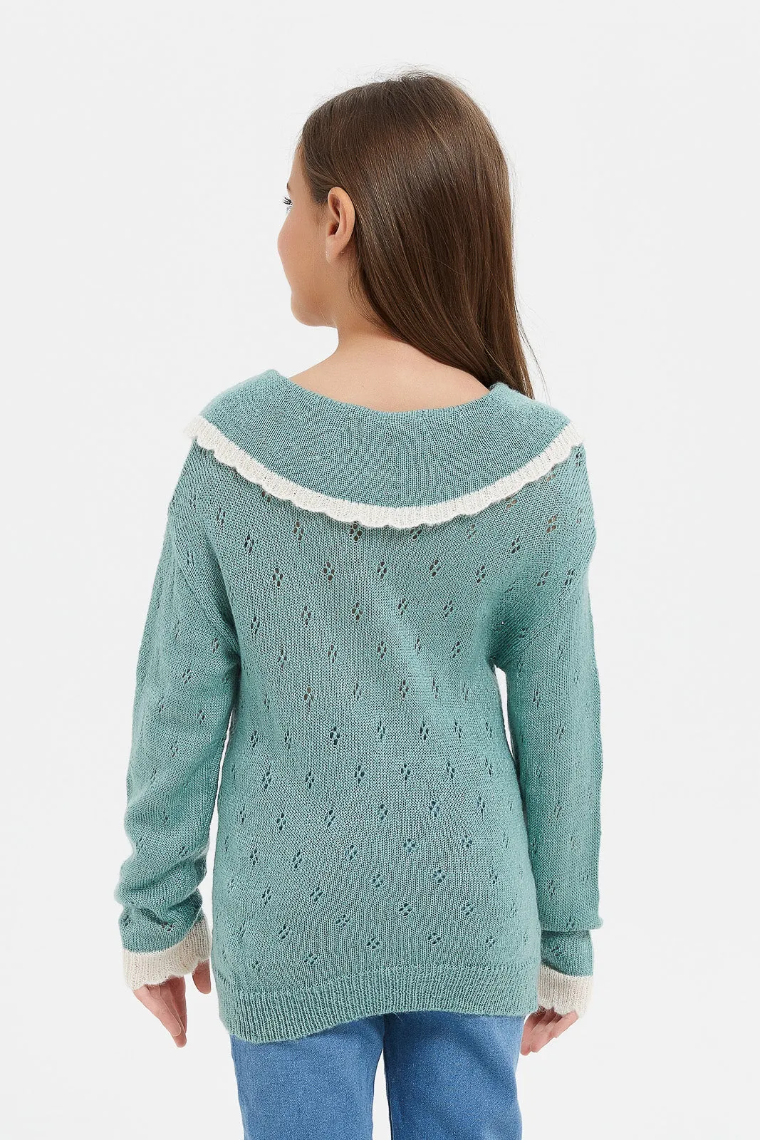 Girls Teal Jacquard Pullover