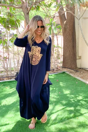 Hamsa Long V-Neck Cotton Dress - Navy