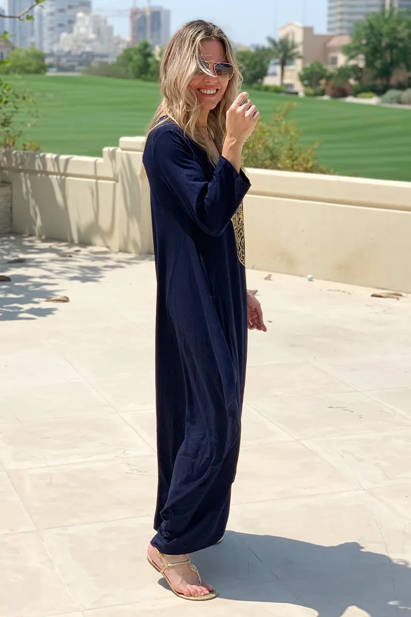 Hamsa Long V-Neck Cotton Dress - Navy