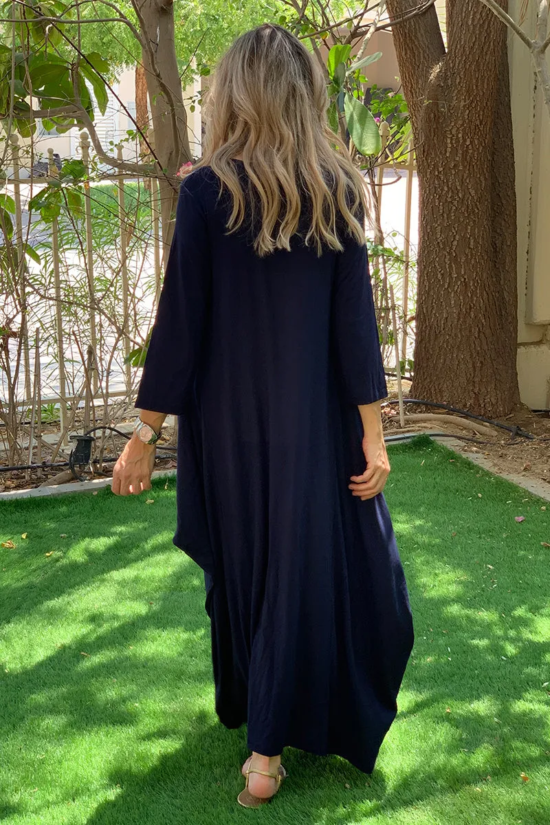 Hamsa Long V-Neck Cotton Dress - Navy