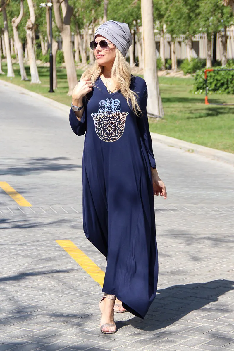 Hamsa Long V-Neck Cotton Dress - Navy