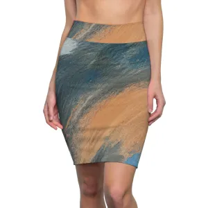 High Waist Womens Pencil Skirt - Contour Stretch - Abstract Blue Orange Grey Pattern by inQue.Style