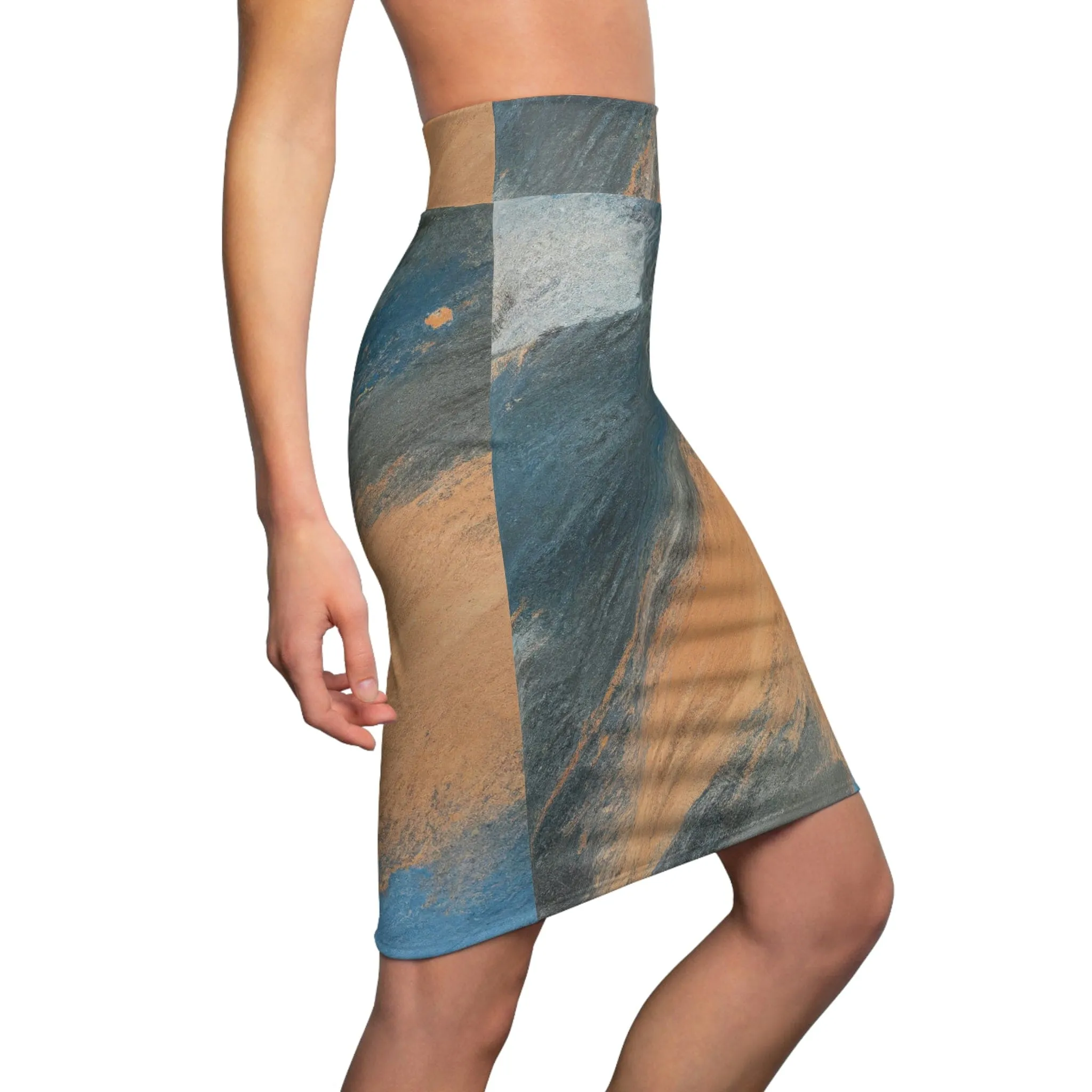 High Waist Womens Pencil Skirt - Contour Stretch - Abstract Blue Orange Grey Pattern by inQue.Style