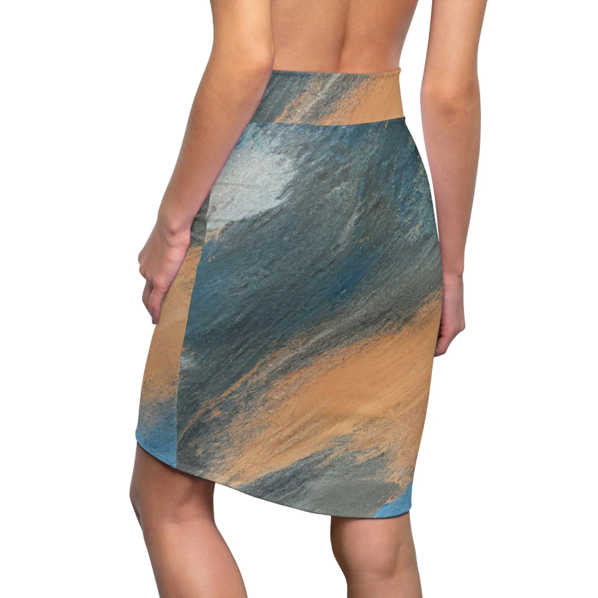 High Waist Womens Pencil Skirt - Contour Stretch - Abstract Blue Orange Grey Pattern by inQue.Style