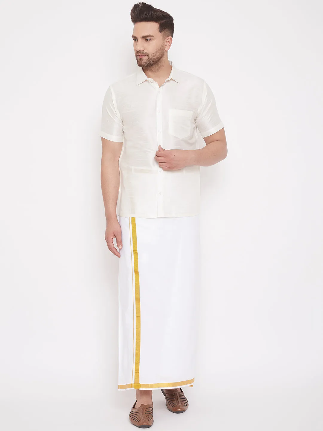 Jashvi Men's Cream Silk Blend Ethnic Shirt