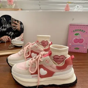 JOSKAA   - New Korean Women Sneakers Strawberry Pink Kawaii Love Sports Daddy Shoes Versatile Casual Platform Vulcanize Tennis
