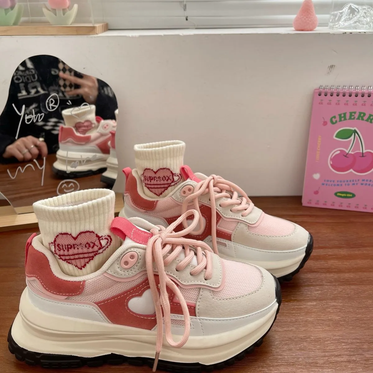 JOSKAA   - New Korean Women Sneakers Strawberry Pink Kawaii Love Sports Daddy Shoes Versatile Casual Platform Vulcanize Tennis