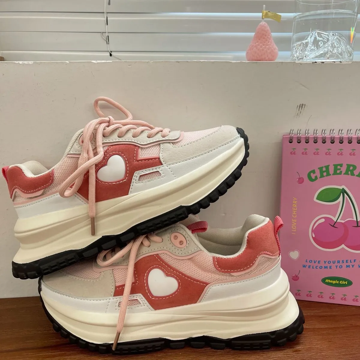 JOSKAA   - New Korean Women Sneakers Strawberry Pink Kawaii Love Sports Daddy Shoes Versatile Casual Platform Vulcanize Tennis