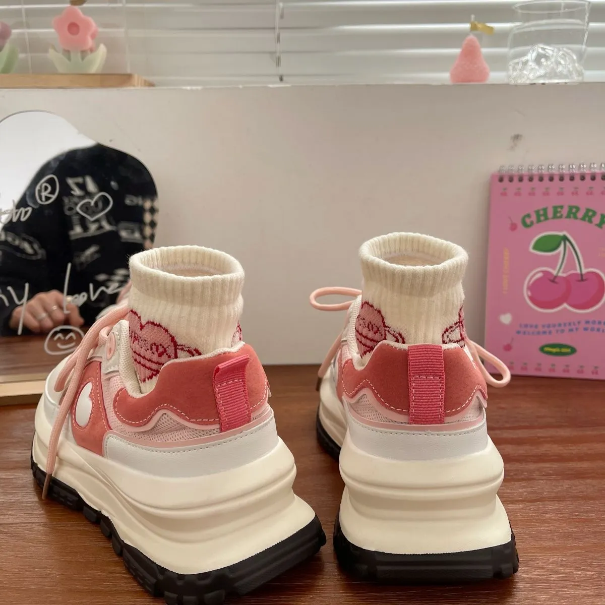 JOSKAA   - New Korean Women Sneakers Strawberry Pink Kawaii Love Sports Daddy Shoes Versatile Casual Platform Vulcanize Tennis