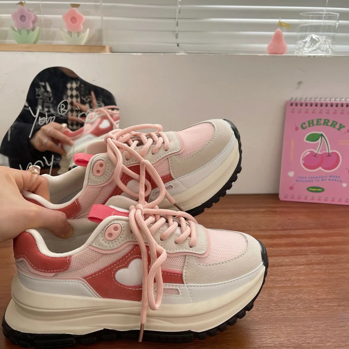 JOSKAA   - New Korean Women Sneakers Strawberry Pink Kawaii Love Sports Daddy Shoes Versatile Casual Platform Vulcanize Tennis