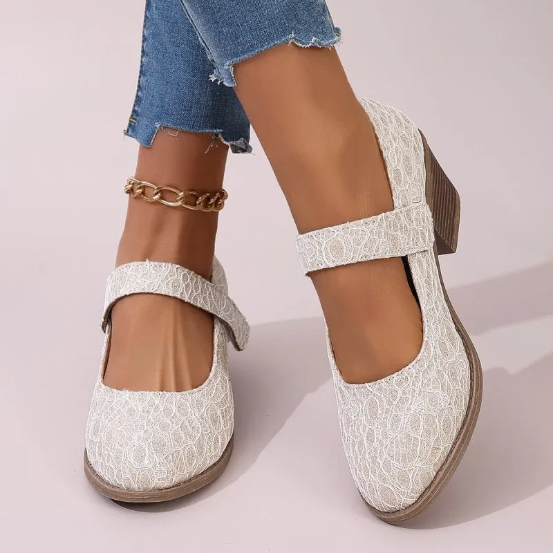 Khaki Mesh Glittering Powder Cloth Women High Heel Pumps Chunky Heel Height Increasing Women Pumps Pumps round Head GREAT