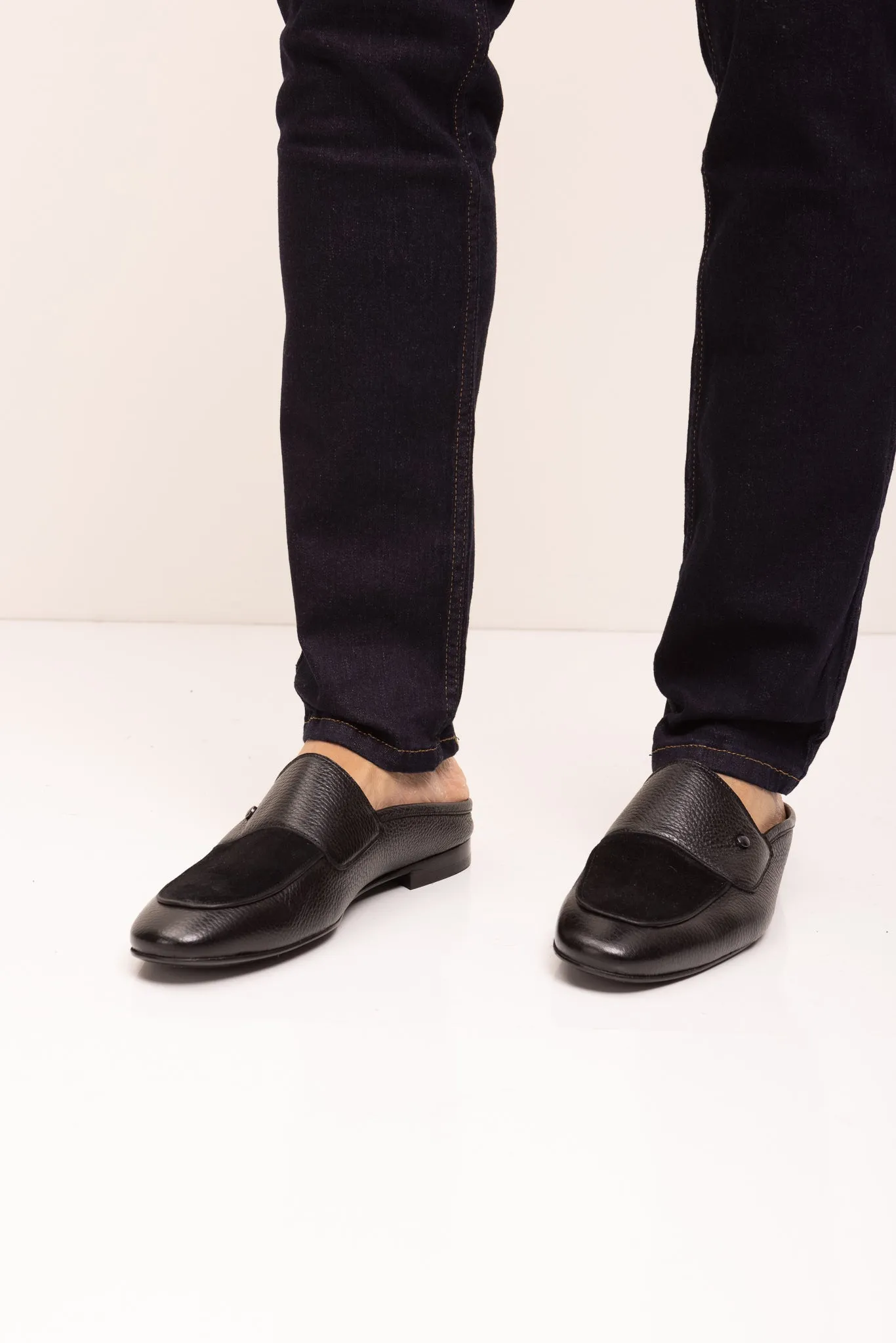 Leather Suede Slipper Shoe C-X-Black