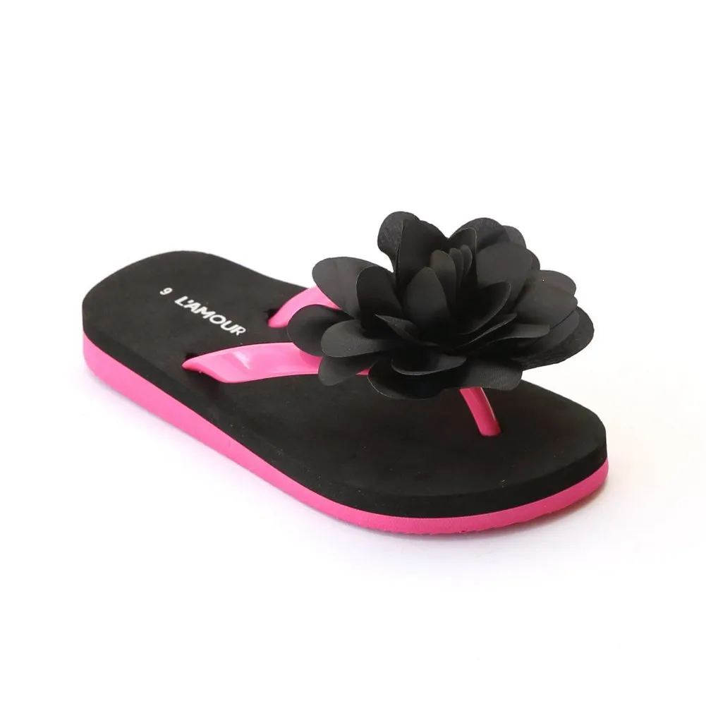 Little Girls Black Organza Flower Flip Flops 11-4 Kids