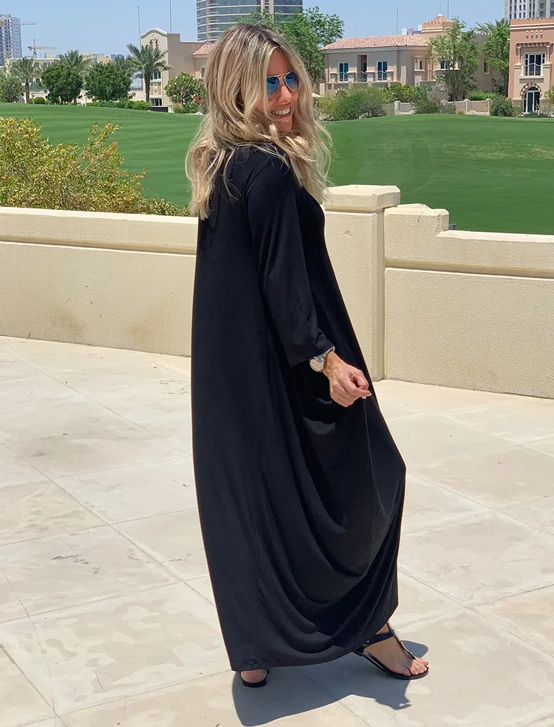 Long V-Neck Cotton Dress - Black