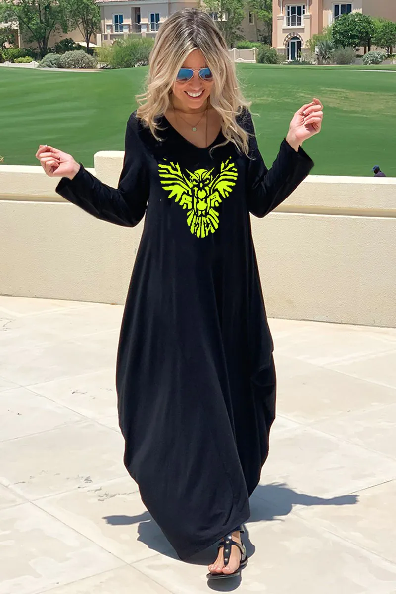 Long V-Neck Cotton Dress - Black
