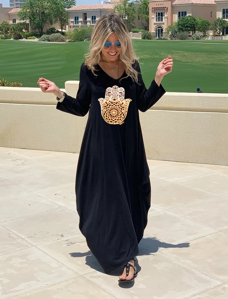 Long V-Neck Cotton Dress - Black