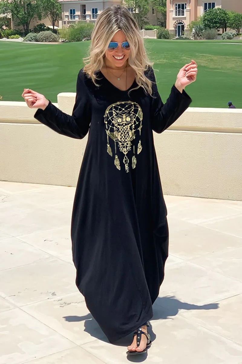 Long V-Neck Cotton Dress - Black