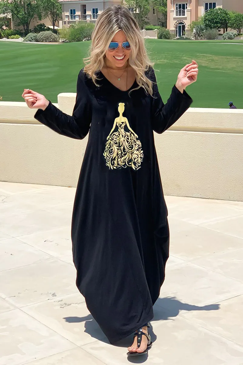 Long V-Neck Cotton Dress - Black