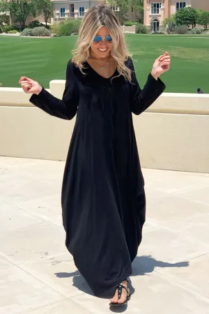 Long V-Neck Cotton Dress - Black