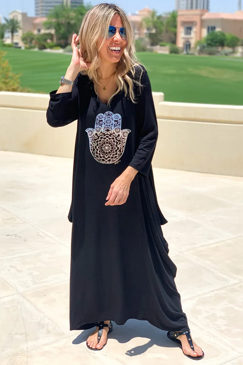 Long V-Neck Cotton Dress - Black