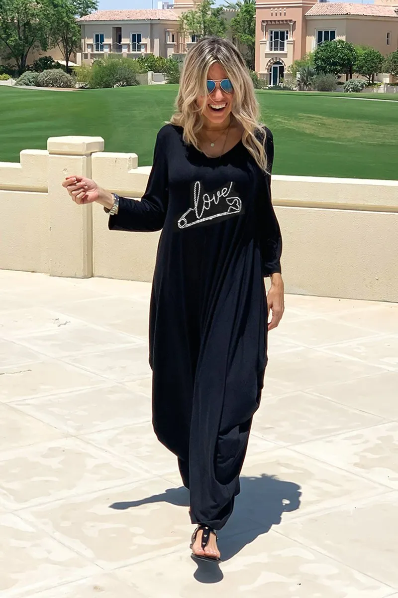 Long V-Neck Cotton Dress - Black