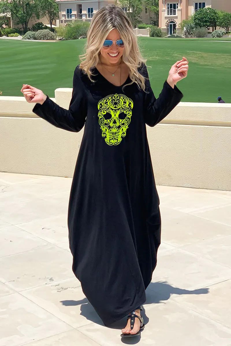 Long V-Neck Cotton Dress - Black