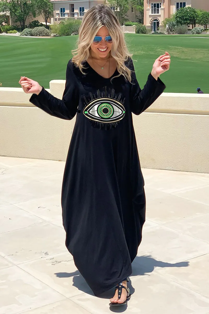 Long V-Neck Cotton Dress - Black