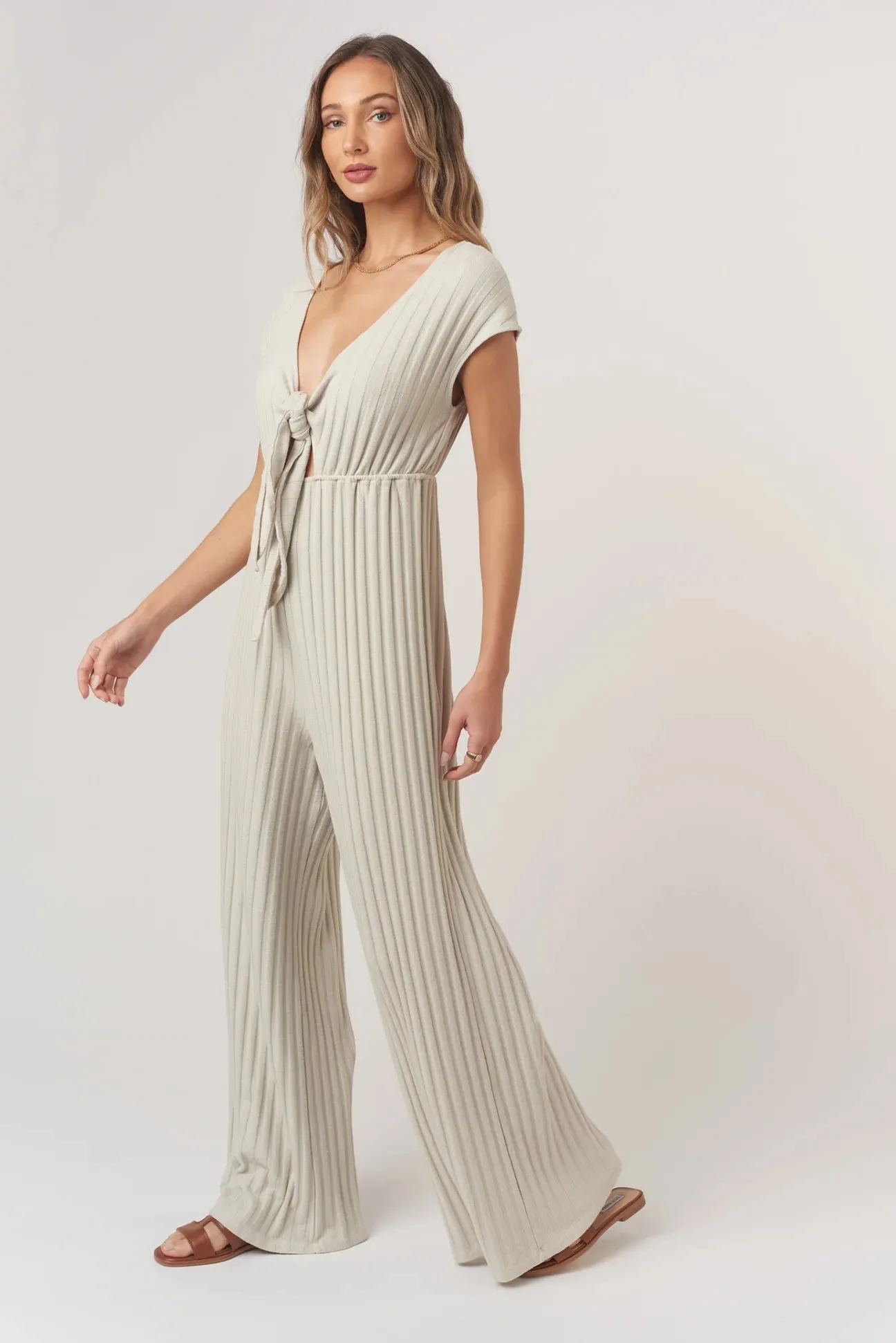 Lowa Tie Front Rib Jumpsuit by Project Social T | Champagne