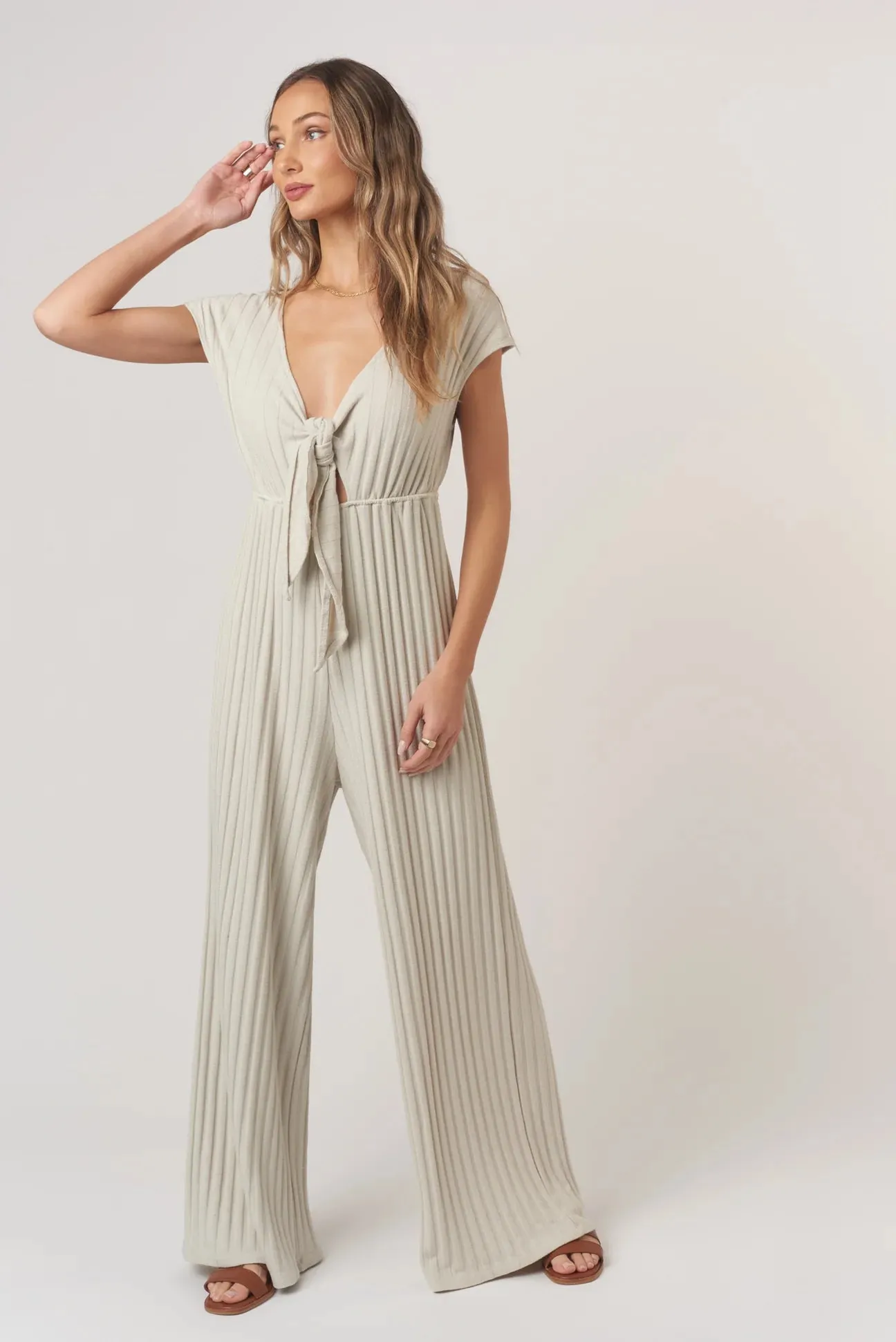 Lowa Tie Front Rib Jumpsuit by Project Social T | Champagne