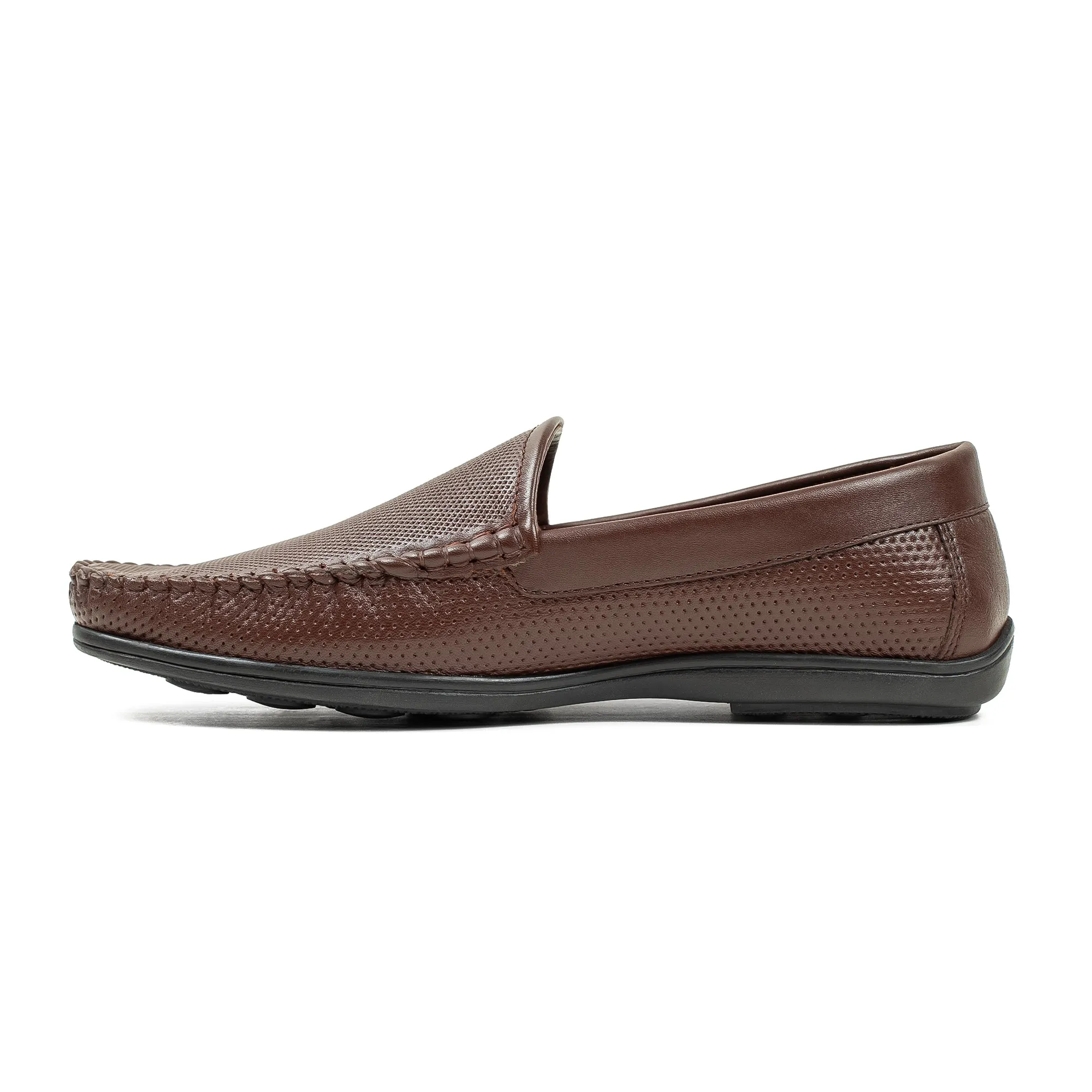 Men's Brown Printed Leather Moccasin Shoes | Vibrant® Cushioned Comfort with TPR Outsole